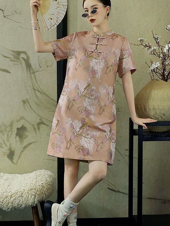 National Style New Chinese Style Light Luxury Elegant Printed Improved Cheongsam Loose Fit Slimming Texture Plus Size Large Floral Dress