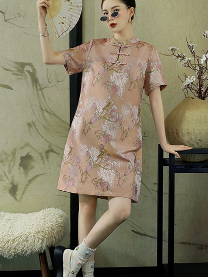 National Style New Chinese Style Light Luxury Elegant Printed Improved Cheongsam Loose Fit Slimming Texture Plus Size Large Floral Dress