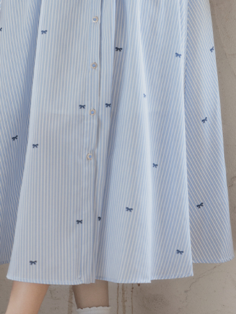 Fresh Dress College Style Age-Reducing Sailor Collar Bow Jacquard Fitted Waist Striped Long Dress 50