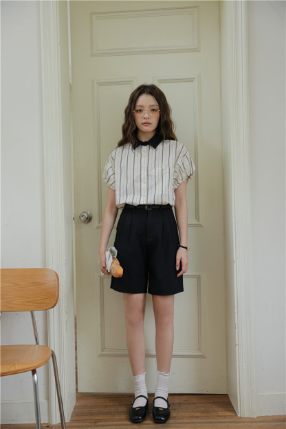 撞色领竖条纹花苞短袖衬衫