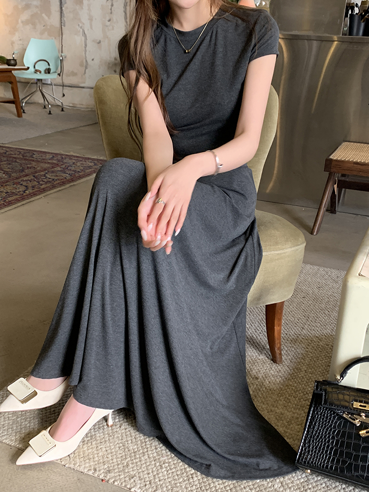 Real Shot 2025 Spring Summer New Loose Casual Solid Color Top Short Sleeve Skirt Long Skirt Women's Two-Piece Set