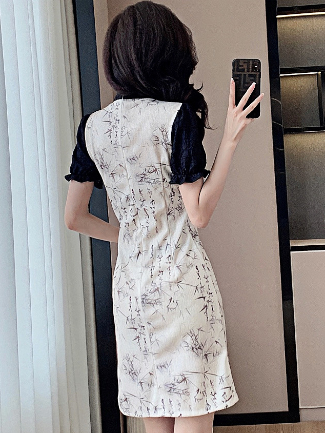 In Stock Real Shot Summer Ink Painting National Style Elegant Young Girl New Chinese Style Improved Cheongsam Frog Button Dress
