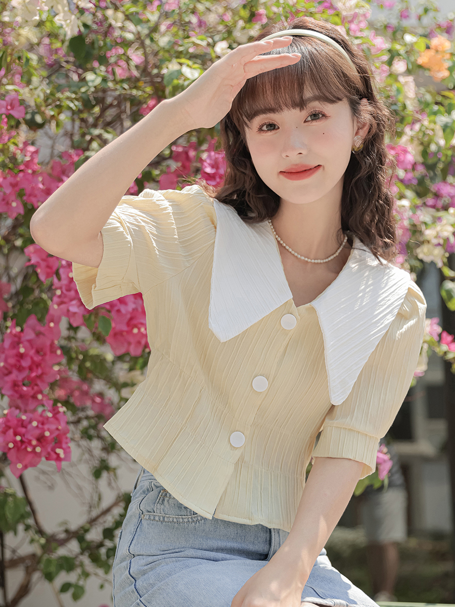 法式复古大翻领短款衬衫* 2 Colors