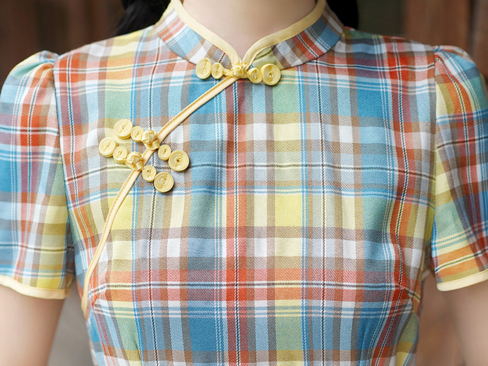 复古格子中式连身裙*2 Colors