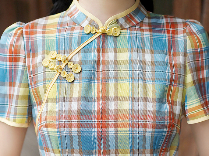 复古格子中式连身裙*2 Colors