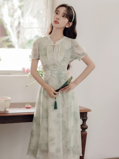New Chinese Style Improved Cheongsam Printed Temperament Dress Women's Summer New Design Sense Fairy Chic Dress 40