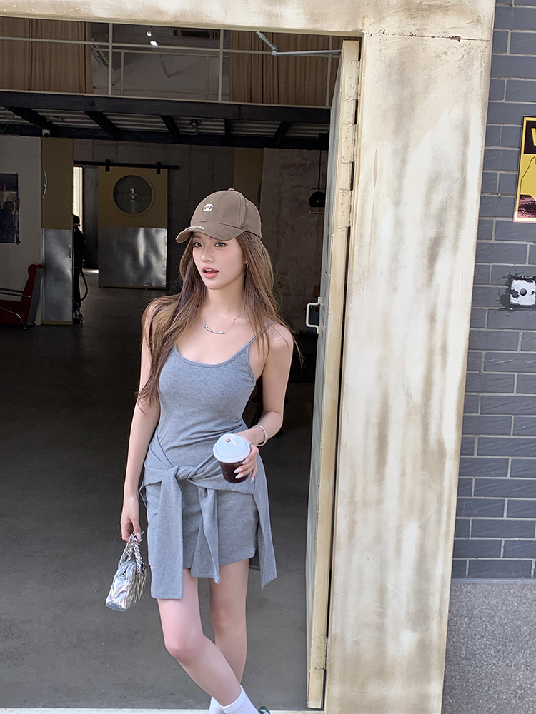 Real Shot 2025 Spring Summer New Energetic Design Sense with Chest Pad Waist Tie Fake Two-Piece Dress Strap Dress Women's Short Dress