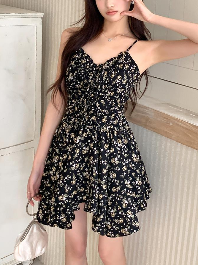 Real Shot 2025 Spring Summer New Design Black Floral Dress Women Tea Break Short Dress Spicy Girl Strap Dress