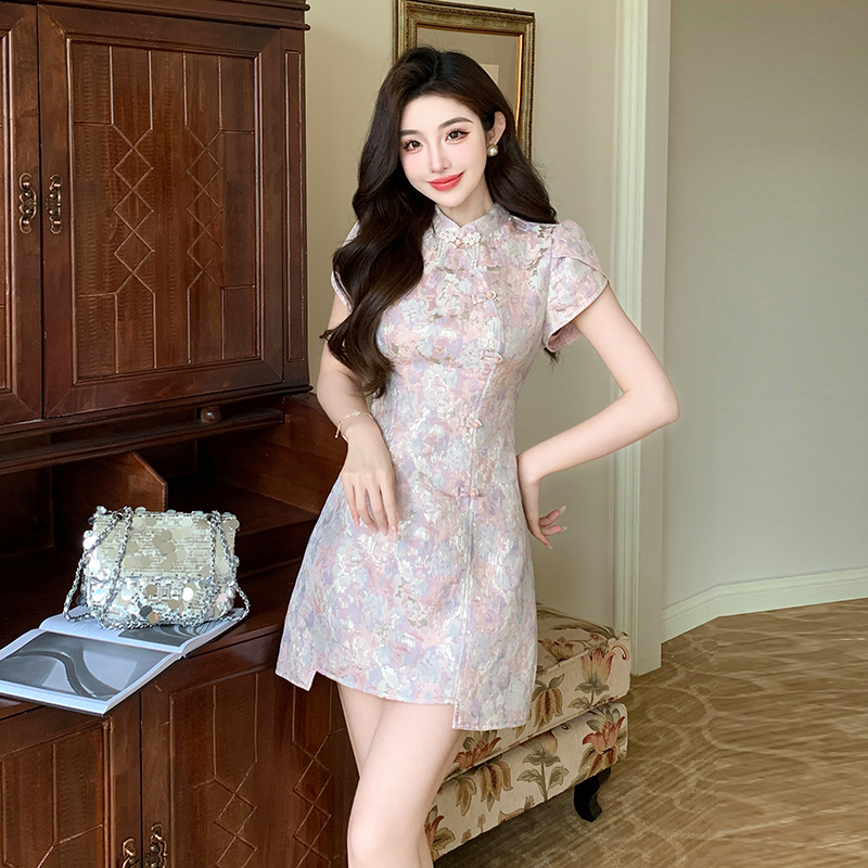 蓝色印花蕾丝中式2件套 New Chinese Style Improved Cheongsam Fashionable Dress