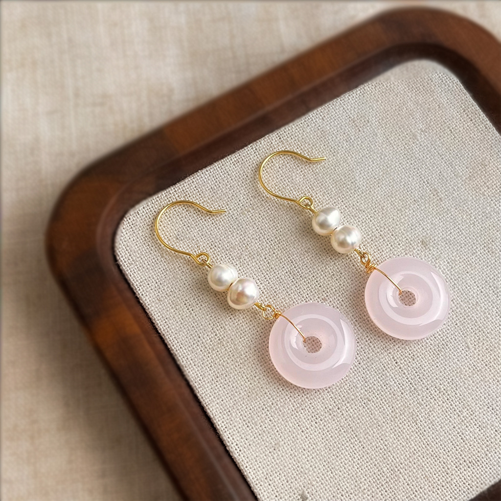 Pink Pearl Jade Hoop Earrings 粉色珍珠玉环耳环