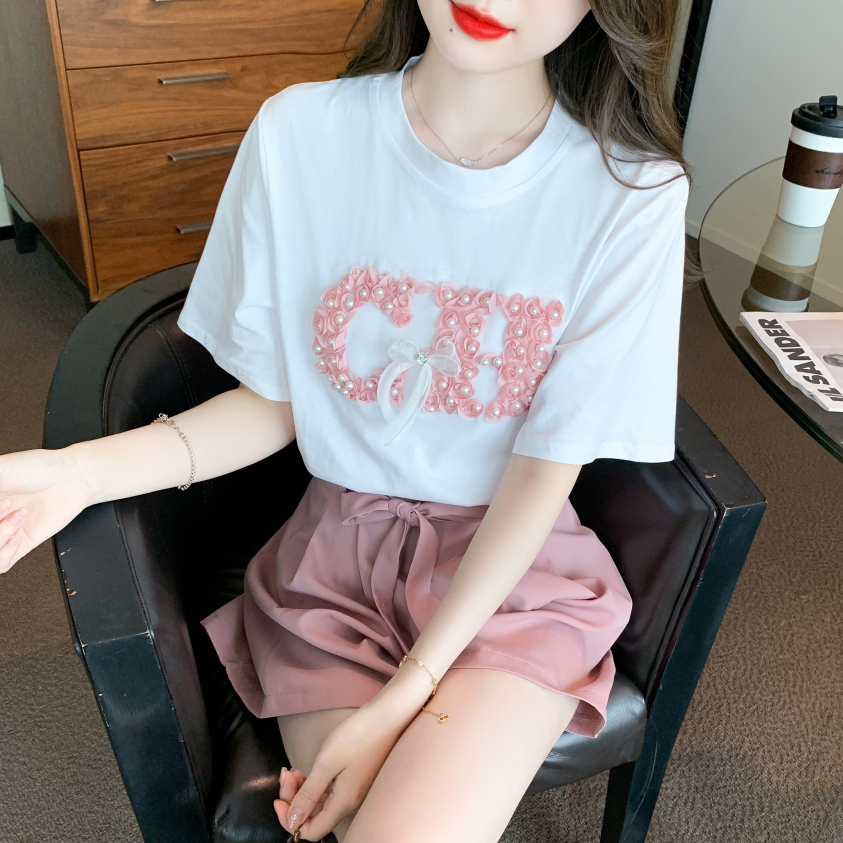 Sweet Pearl Bow Floral Tee 珍珠花朵蝴蝶结短袖T恤