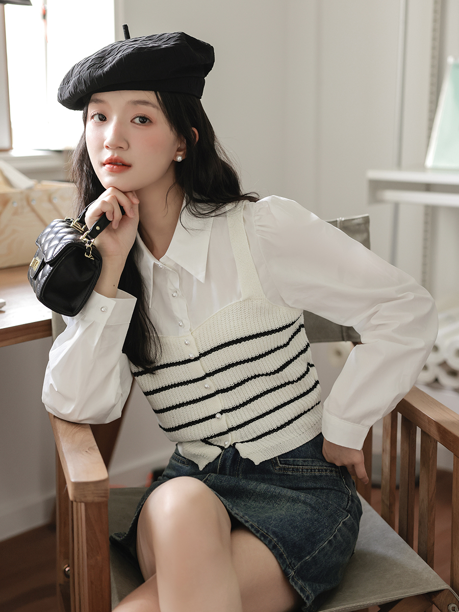 Stripes Knitted Vest Fake Two-Piece Top学院风~条纹针织背心假两件上衣* 2 Colors