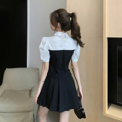 Classic Pleated Faux Layer Blazer Skirt 复古拼接假两件百褶西装裙