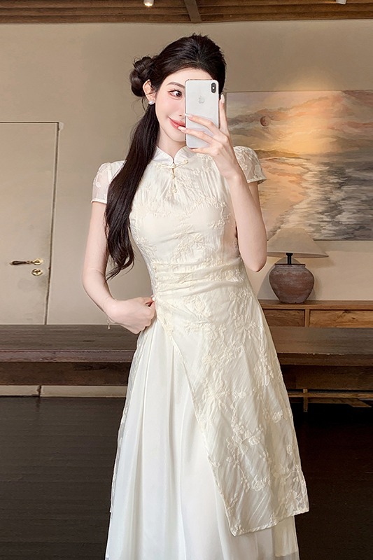 蓝色印花蕾丝中式2件套 New Chinese Style National Style Cheongsam Embroidered Waist Slimming Elegant Girl Dress
