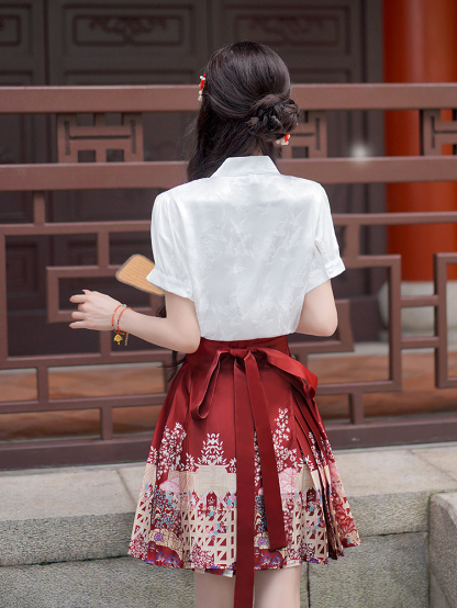 Real Shot Spot New Chinese Style Jacquard Shirt Short Horse-Face Skirt Improved Hanfu Pleated Skirt Two-Piece Suit