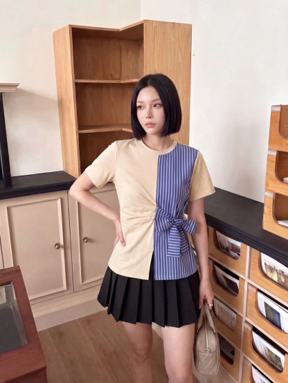 Blue Striped Bow Tie Waist Top蓝白条纹拼接蝴蝶结收腰上衣*5 Colors