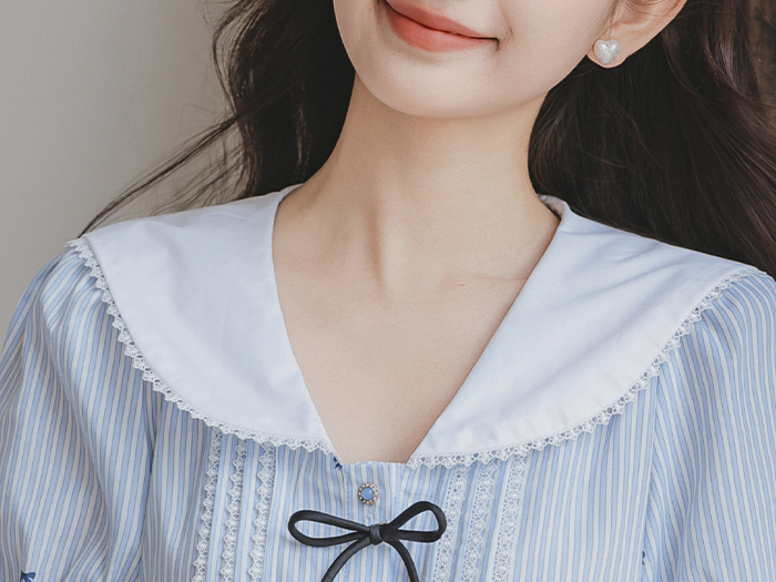 Fresh Dress College Style Age-Reducing Sailor Collar Bow Jacquard Fitted Waist Striped Long Dress 50