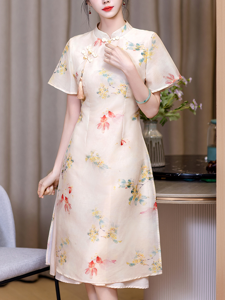Real Shot New Model College Entrance Exam Cheongsam National Style Improved Printed Dress