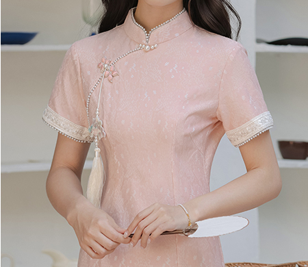 暮晚尘香刺绣边长款旗袍