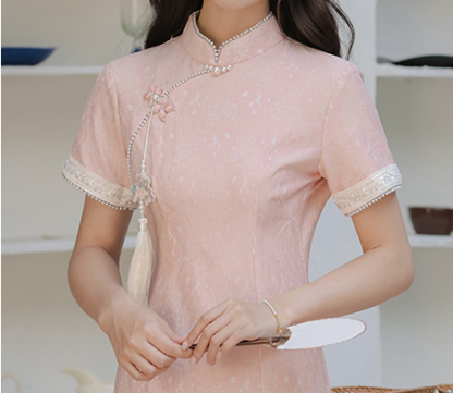 暮晚尘香刺绣边长款旗袍