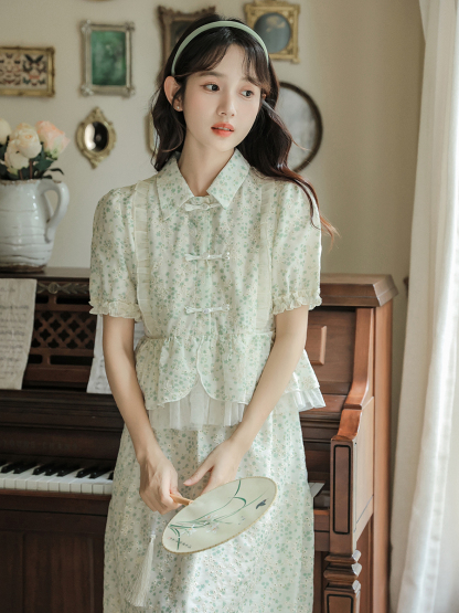 Green Shivering Embroidery Suit New Chinese Style Puff Sleeve Top Women's Fresh Sweet Skirt Price Limit 40