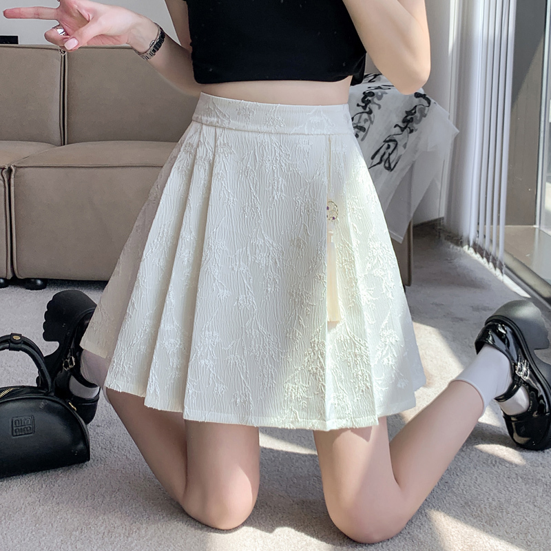Real Shot New Chinese Style National Style Horse Face Skirt Spring Summer High Waist Slimming A-line Short Skirt Sweet Jacquard Pleated Half Skirt