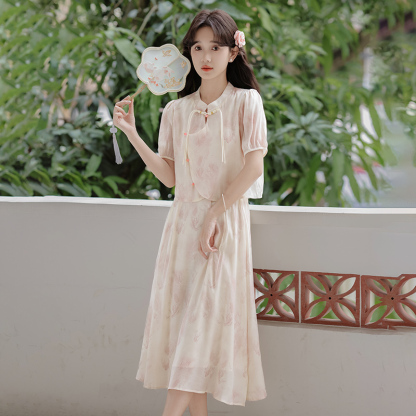 Pink Jade New Chinese Style Suit 2024 Summer New National Style Buckle Shirt A- line Skirt 40 in Stock
