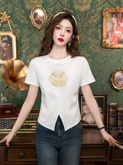 New Chinese Style Side-Slit Tee  新中式盘扣开叉t恤*2 Colors