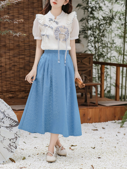Embroidered Ruffle Hem Top & Skirt Set 刺绣荷叶边上衣+半身裙两件套