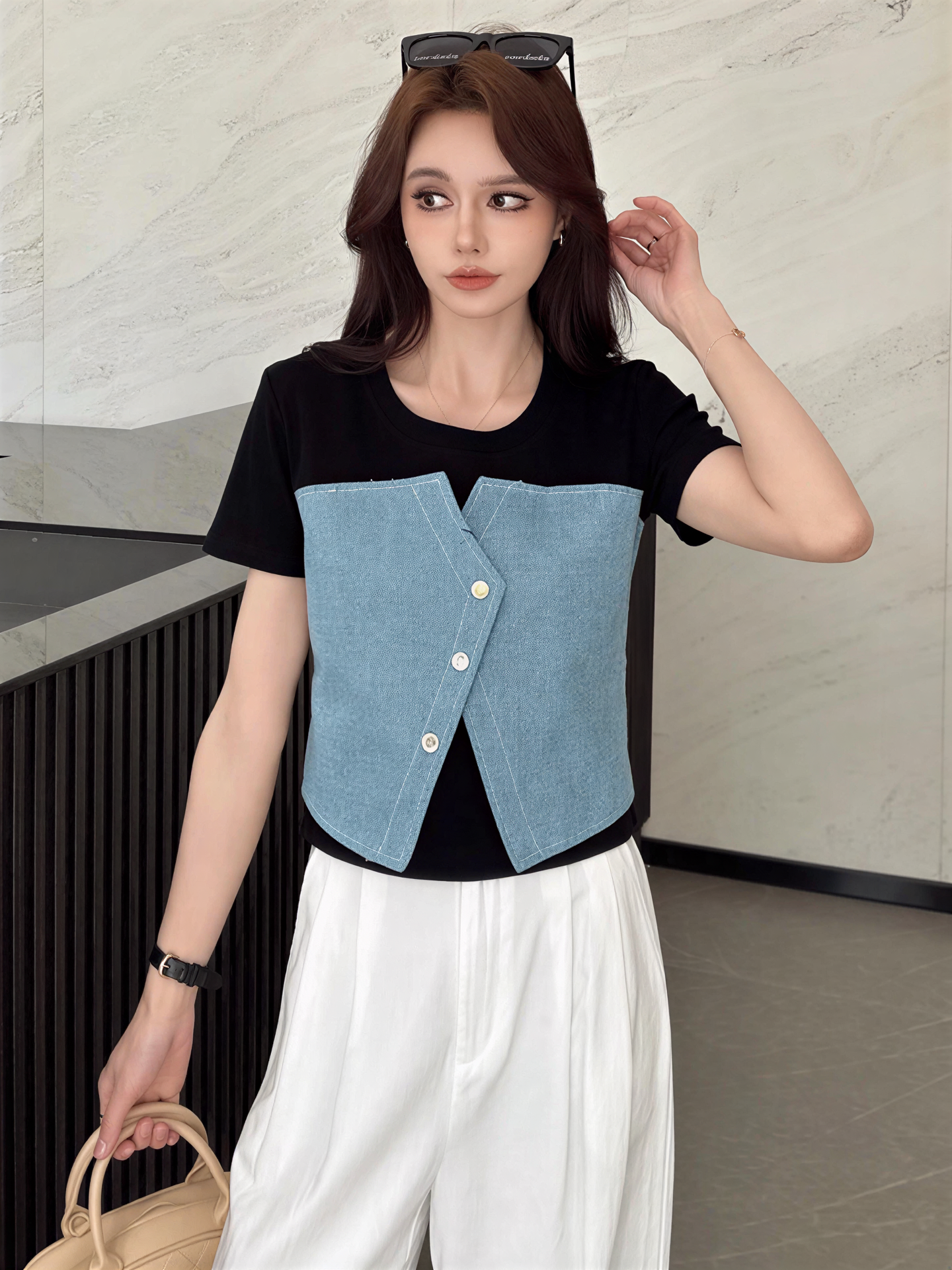 Denim Vest Patchwork T-Shirt 牛仔马甲拼接T恤*4 Colors