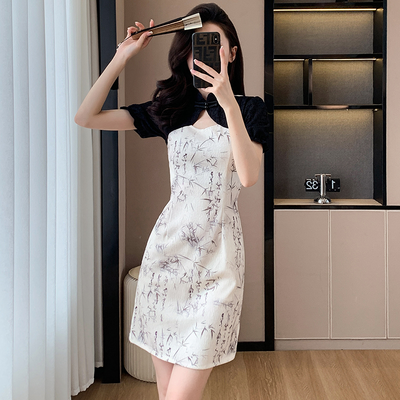 In Stock Real Shot Summer Ink Painting National Style Elegant Young Girl New Chinese Style Improved Cheongsam Frog Button Dress
