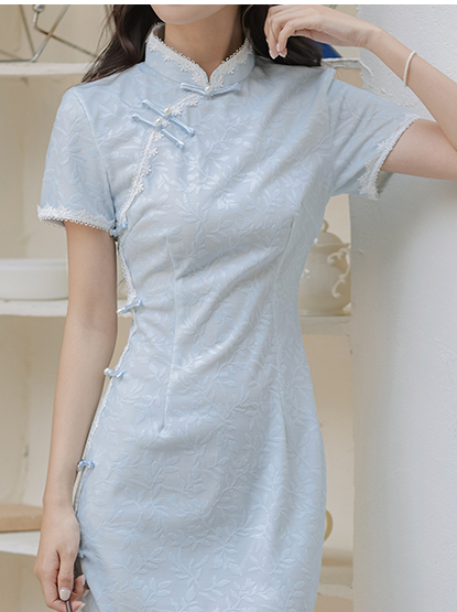 新中式蓝色修身连衣裙 Spring Summer New Chinese Style Blue Slim Dress