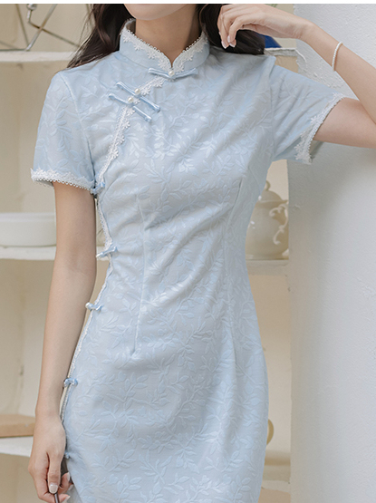 新中式蓝色修身连衣裙 Spring Summer New Chinese Style Blue Slim Dress