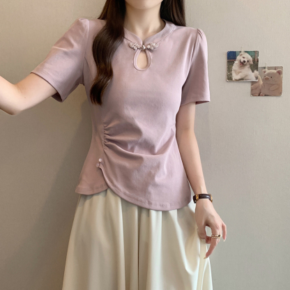 新中式镂空盘扣短袖T恤 New Chinese Style Hollow Out Button Short Sleeve T-Shirt