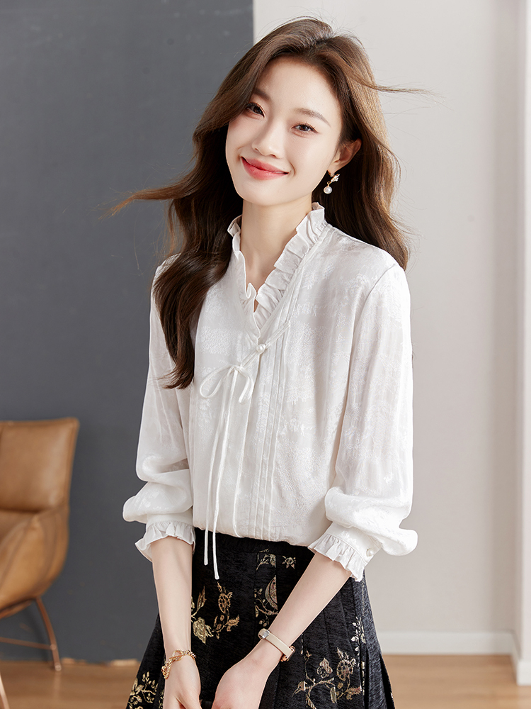 白荷新中式白衬衫 Spring White Lotus New Chinese Style White Shirt with Ma Face Skirt Matching Long Sleeve Daily Commuting National Style Versatile Top