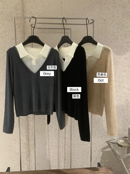 PARVÉ Contrast Collar Knit Top 高智份子！假两件老钱翻领撞色针织上衣* 3 Colors