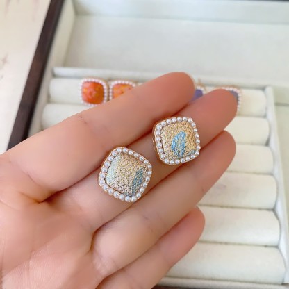 Square Song Brocade Earrings for Women with Pearls, 925 Silver Stud Earrings, Vintage Style Accessories, New Chinese Style Finished Product in Stock