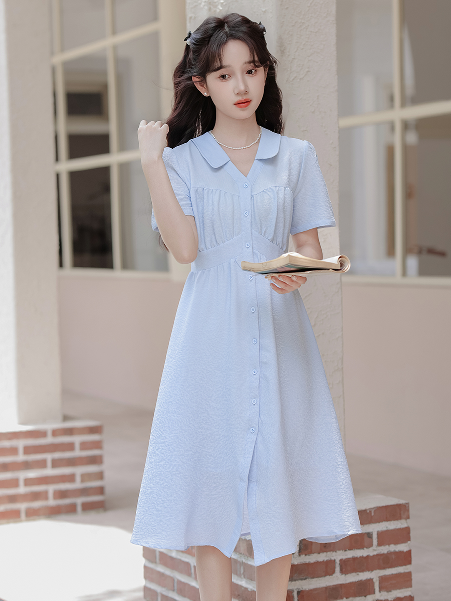 French Retro Blue Short-Sleeved Dress Women's 2024 Summer New V-neck Elegant A- line Midi Dress 40