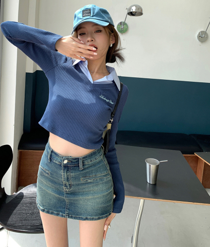 Slim Fit V-Neck Layered Shirt 蓝色假两件V领长袖修身T恤 