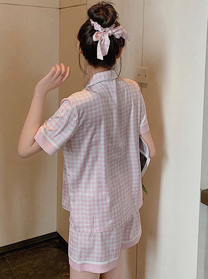 Classic Collar Pink Houndstooth Pajama Set 粉色翻领千鸟格家居服