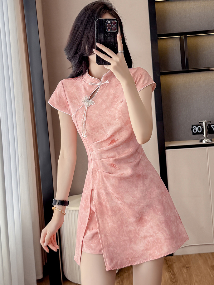 Real Shot New Chinese Style Improved Cheongsam Jacquard Slightly Elastic Dress Shorts Two-piece Set