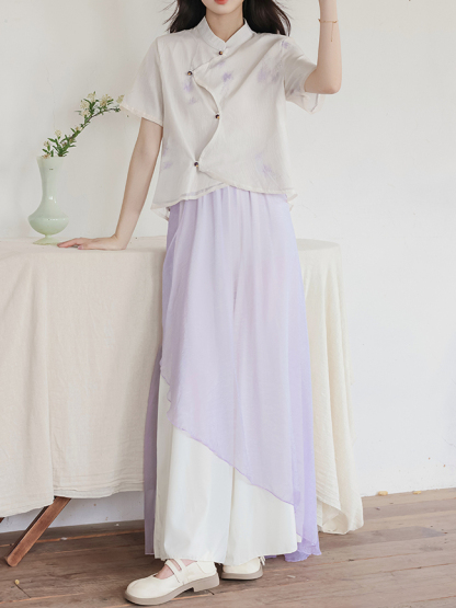 藤萝紫色中式上衣阔腿裤套装