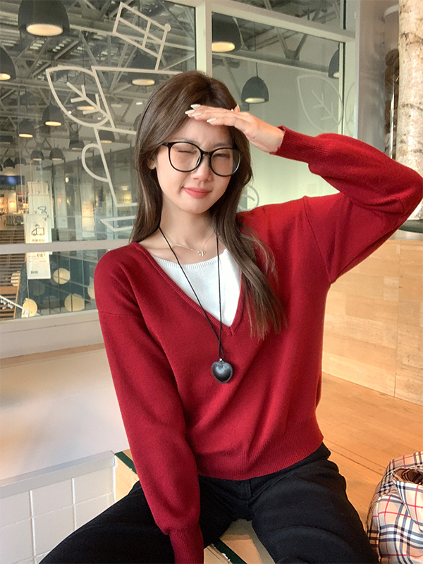 慵懒撞色假两件毛衣* 2 Colors