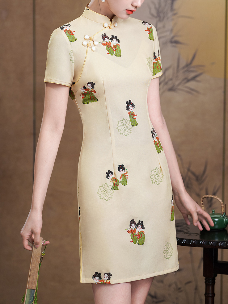 Chinese Style Tang Dynasty Lady Print Retro New Chinese Style Improved Qipao Loose Elegant Slimming Youthful Dress