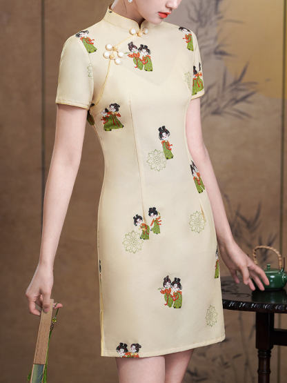 Chinese Style Tang Dynasty Lady Print Retro New Chinese Style Improved Qipao Loose Elegant Slimming Youthful Dress