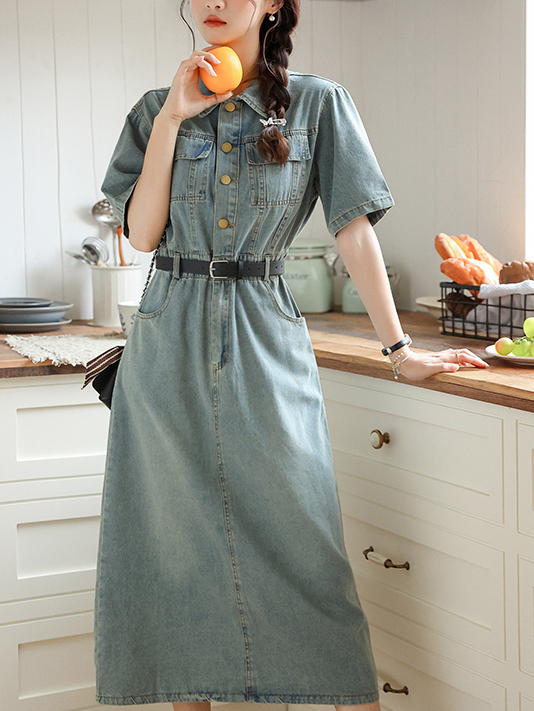 No Less than 138 Real Shot Spot Summer Long Denim Dress