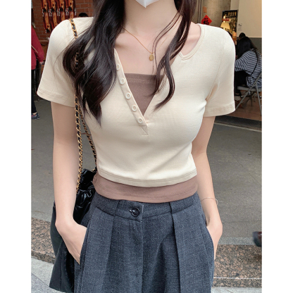 Faux Layered V-Neck Top 假两件V领上衣*4 Colors