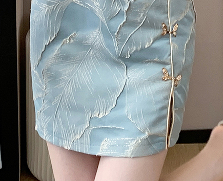 蓝色印花蕾丝中式2件套 High-End New Chinese Style Embossed Jacquard Feather Button Improved Cheongsam Dress