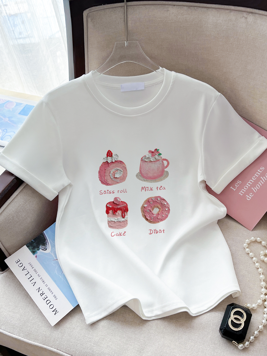 First Real Shot High Quality Combed Cotton ~ Procurement Service of Korean Products Style Younger Oil Painting Letter Short Sleeve T-shirt Women's Cotton Shoulder Top