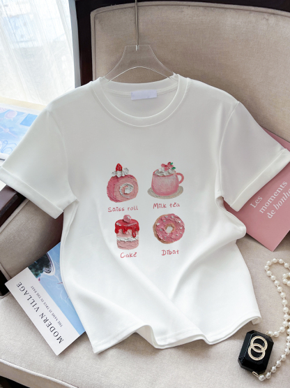 First Real Shot High Quality Combed Cotton ~ Procurement Service of Korean Products Style Younger Oil Painting Letter Short Sleeve T-shirt Women's Cotton Shoulder Top